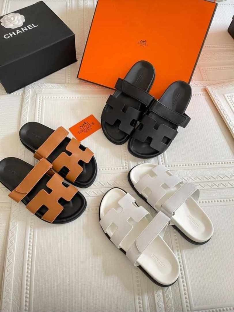 hermes H cypre white black leather sandals for women and men